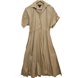 Vtg Womens Dress 10 Midi 100% Cotton Button Down Collared Tan Minimalist Cottage